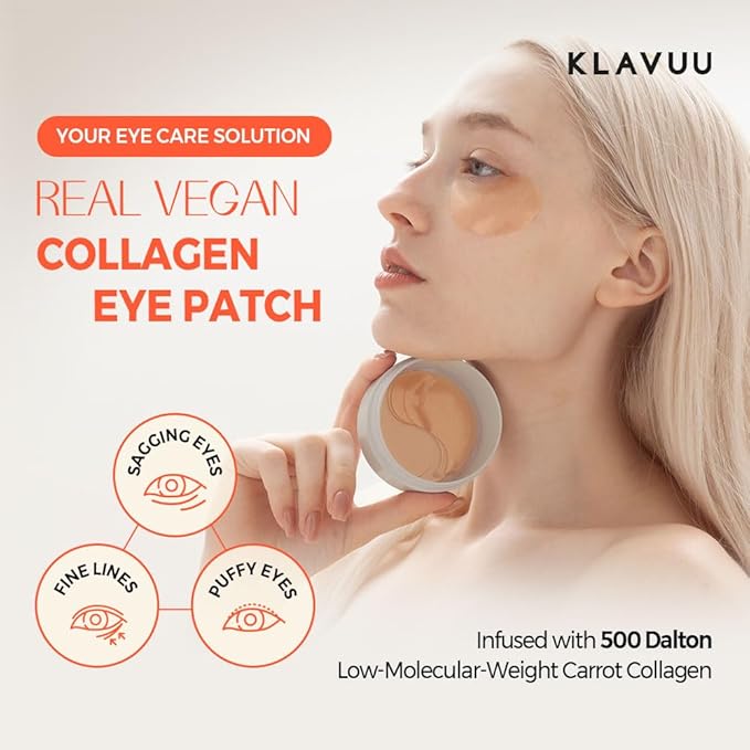 KLAVUU Real Vegan Collagen Eye Patches (60 Patches) - Korean Overnight Under Eye Mask for Puffy, Sagging Eyes, Fine Lines & Wrinkles | Elasticity Boost with Low-Molecular Carrot Collagen (500 Daltons)
