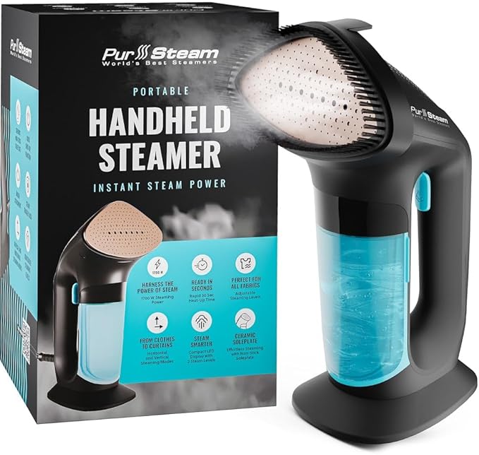PurSteam SteamPulse Pro Handheld Steamer for Clothes, Portable Handheld Fabric and Garment Travel Steamer Iron Press Wrinkle Remover with Fabric Brush