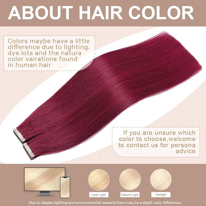 Tape in Hair Extensions Human Hair 16 Inch 20pcs Invisible Tape ins Hair Extensions Real Human Hair 99J Red Wine Burgundy Remy Seamless Injected Tape Extensions