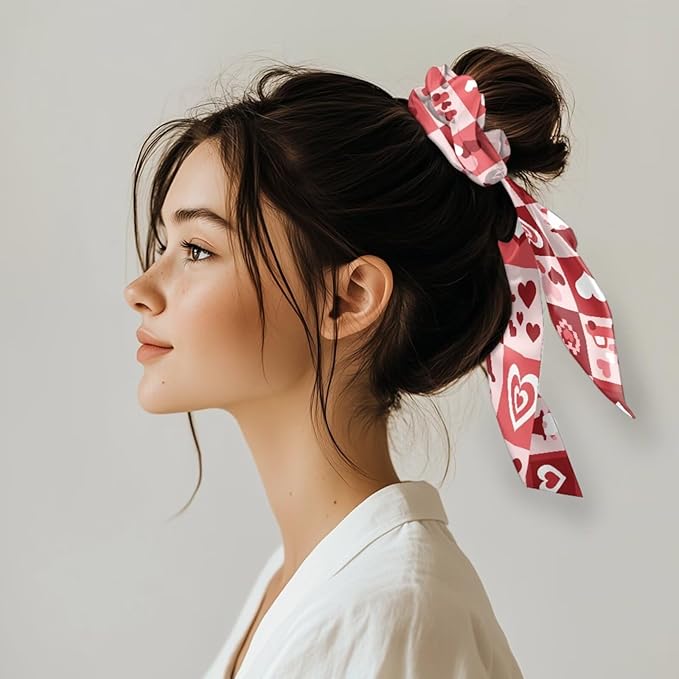Gnomes Heart Toddler Bow Hair Ties No Damage Pack of 2 Checkered Scrunchies Hair Ties for Women Accessory Valentine's Theme Scarf Scrunchy