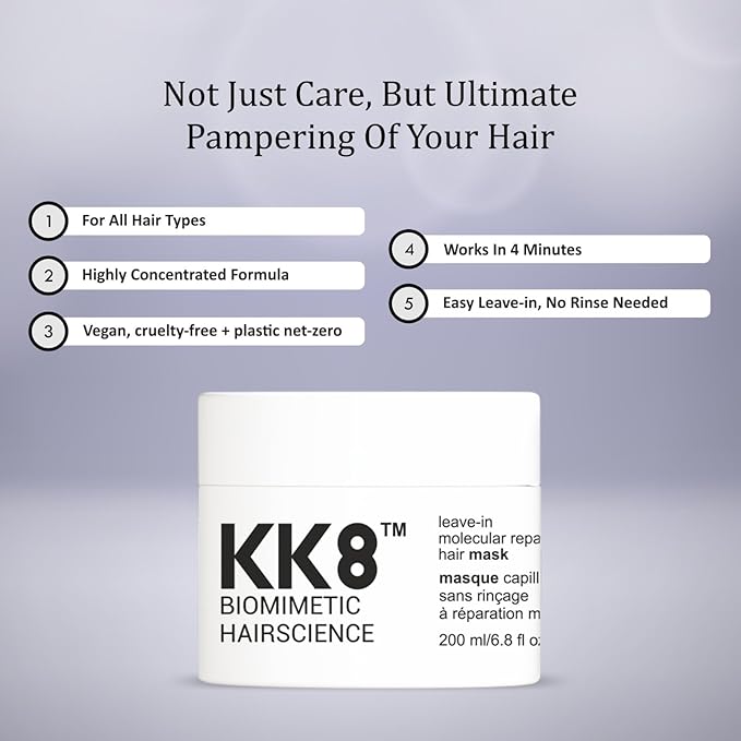 KK8 Biomimetic Hairscience Leave-In Molecular Hair Mask, Professional Repair Treatment for Damaged & Color-Treated Hair, 3.8 fl oz