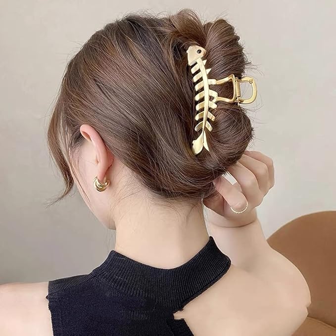 Hair Jaw Claw Clips Fish Bone Shape Large Metal Gold Fashion Nonslip Hairpin Catch Clip Accessories for Thick/Thin Hair HairStyling (Gold)
