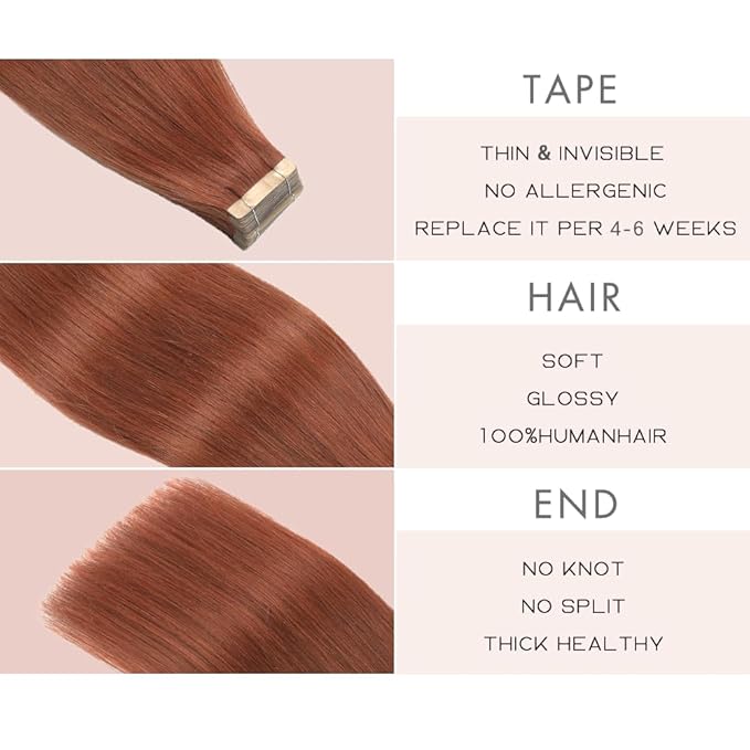 Tape in Hair Extensions Real Human Hair 24 Inch Auburn Brown Double Sided Tape for Skin Weft Hair Extension Invisible Tape in Hair Extensions Straight Remy Human Hair for Women 20pcs (#A33,24 Inch)