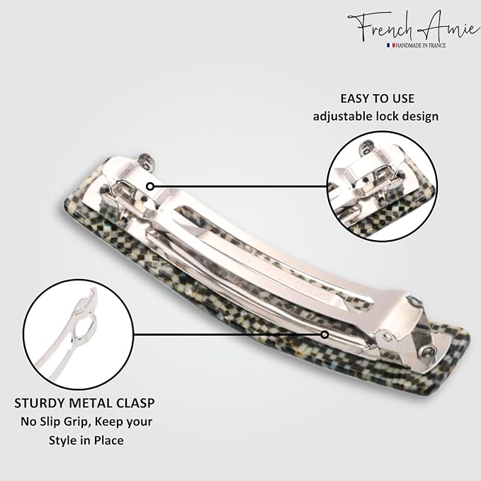 French Amie Oblong Handmade 3.5" Celluloid Automatic Hair Clip Barrette French Hair Clip for Women Strong Hold Set of 2 No Slip Durable Paris Hair Accessories, Made in France (Ivory Black and Opera)