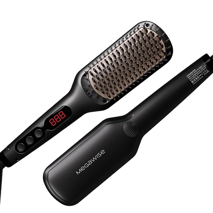 MEGAWISE Pro Ceramic Ionic Hair Straightener Brush for Home Salon, Straightening Hair Brush with 20s Heating Tech, Auto-Off, Anti-Scald with Universal Dual Voltage,Rotatable Power Cord, Black