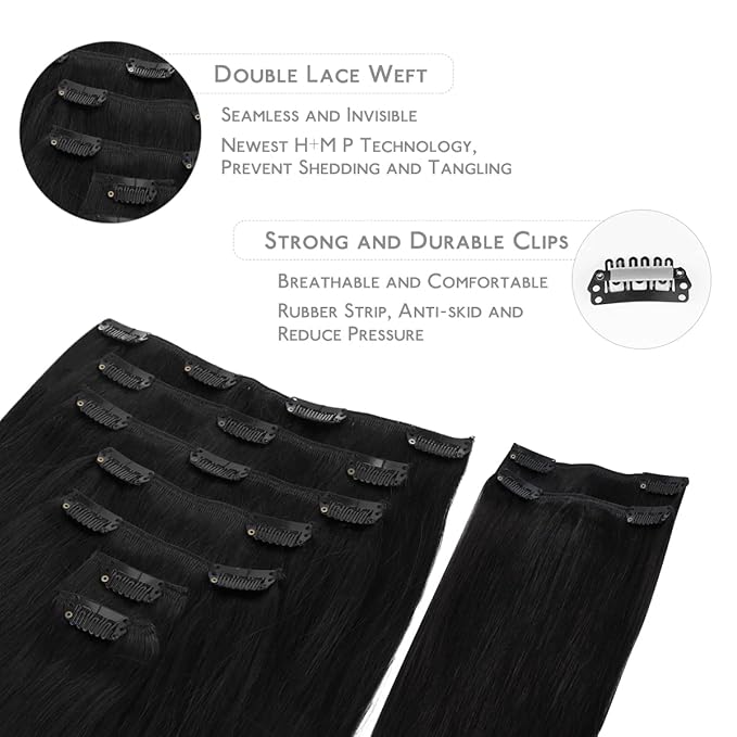 WENNALIFE Clip in Hair Extensions Real Human Hair, 22 Inch 150g 9pcs Human Hair Extensions Clip In Human Hair, Jet Black Hair Extensions Clip In Real Hair Coloured Remy Human Hair Extensions
