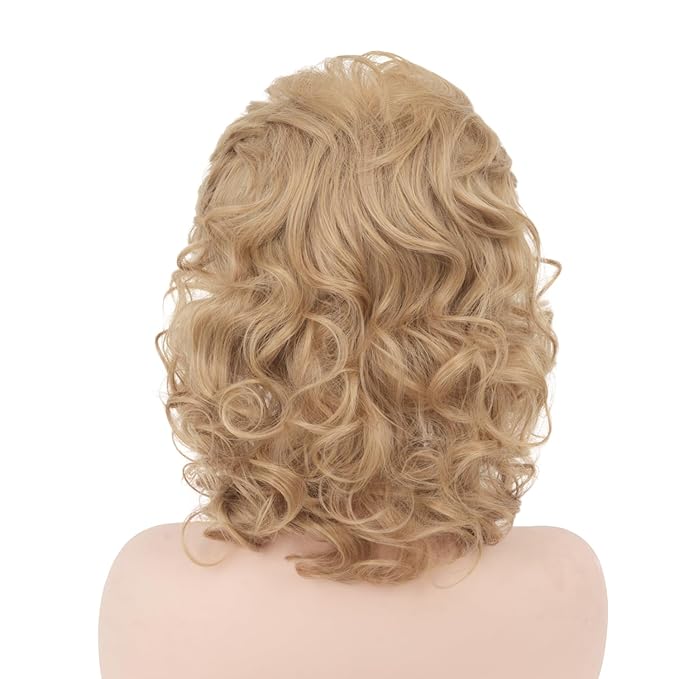 Short Blonde Wig with Hair Bangs Women's Curly Wavy Heat Resistant Synthetic Blonde Hair Wigs for Women