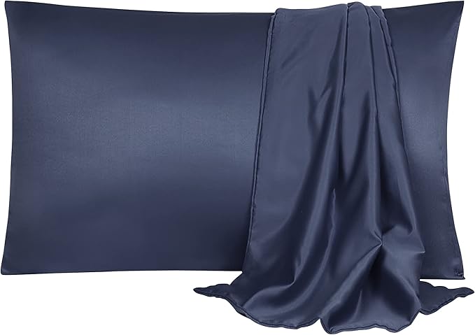 uxcell 2 Pack Silk Satin Pillowcase for Hair and Skin, Cool, Silky, Soft Breathable Pillow Cases Travel Size 14x20 Inch Sateen Pillowcase Navy with Envelope Closure