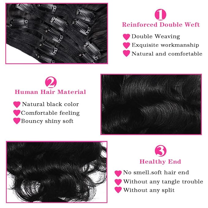 30Inch Clip in Hair Extensions Real Human Hair Body Wave 8Pcs Brazilian Human Hair Clip in Extensions with 18Clips Double Lace Weft 120g #1B Natural Black
