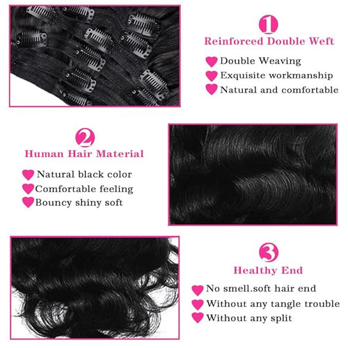 28Inch Clip in Hair Extensions Real Human Hair Body Wave 8Pcs Brazilian Human Hair Clip in Extensions with 18Clips Double Lace Weft 120g #1B Natural Black