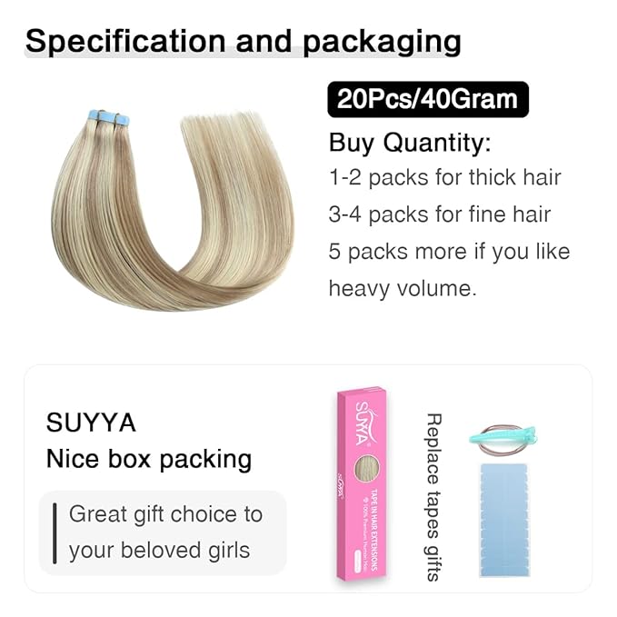 SUYYA Tape in Hair Extensions Human Hair Ash Blonde Highlighted Bleach Blonde 14 Inch 40g/pack 20pcs Straight Seamless Skin Weft Tape in Real Human Hair Extensions(14inch #P18/613)