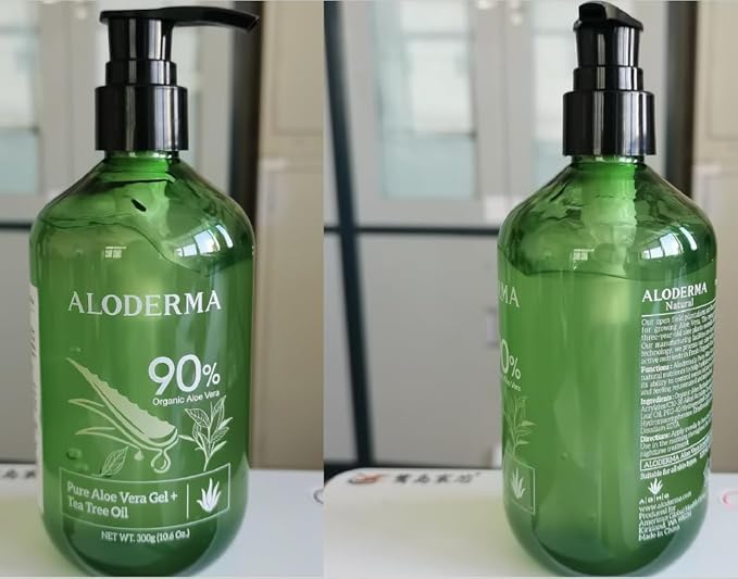 Aloderma Aloe Vera Gel + Tea Tree Oil, Made with Refreshing Organic Aloe for After Sun Skin Care, Multipurpose Use for Hair and Scalp, and Face or as a Shaving Gel or Aftershave - 10.6Oz x 2btls
