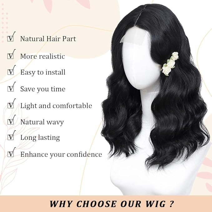 Black Wig for Women, 18 Inch Middle Part Wavy Curly Wigs Synthetic Heat Resistant Soft deep wave Wig for Women Daily Use (Black, 18 Inch)