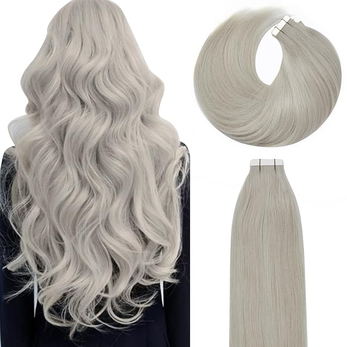 Lacer Tape in Hair Extensions Silky Straight 14 Inch Silver Grey Adhesive Tape in Hair Extensions 100 Percent Remy Human Hair Soft Glue in Brazilian Hair Extensions 20 Pcs 50 Grams