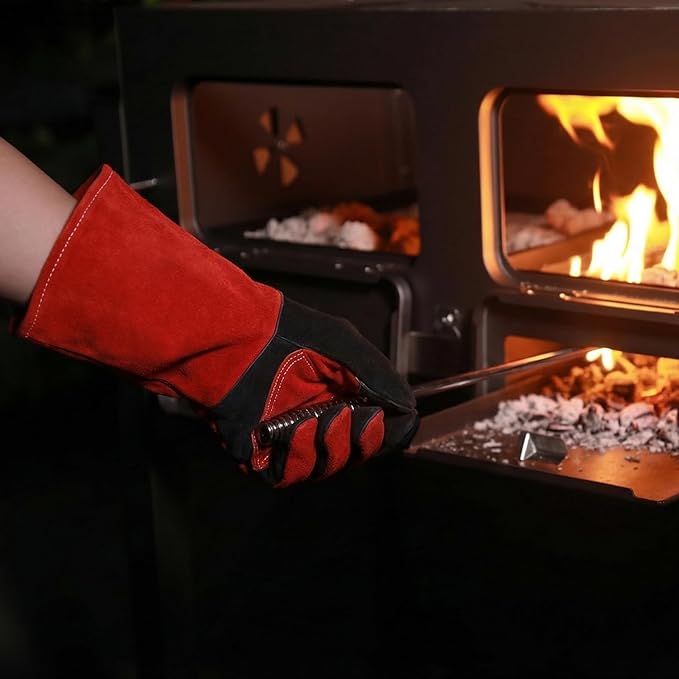 Fireplace Welding Gloves Fire Heat Resistant: 16IN 932°F Fireproof Leather for Fire Pit Wood Stove Campfire Furnace BBQ Baking,Grill Oven Stick Mig Tig Gear Gift for Man M