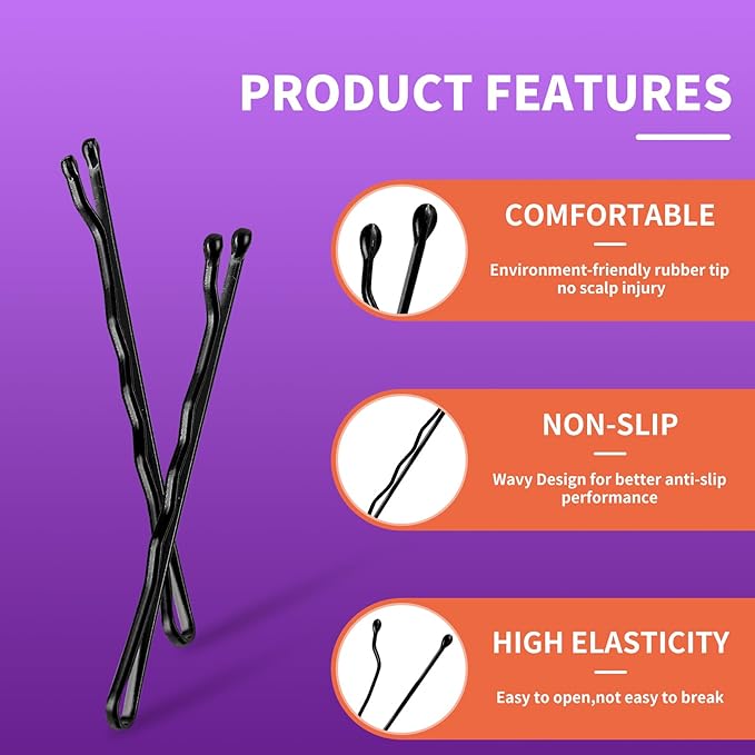 400Pcs Bobby Pins Black, Premium Curved Bobby Pin Brown Blonde Hair Secure-Hold & Pain-Free, 2-Inch Non-Sliding Black Bobby Pins, Invisble Wave Hair Pins for Women Girl Child for Various Hair Styles