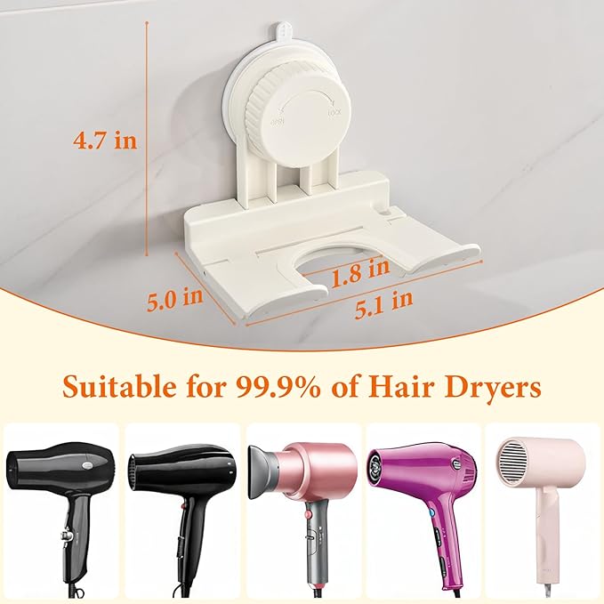 Universal Suction Cup Blow Dryer Holder,Hairdryer Holder For Bathroom Wall Mount,With Plug&Cord Organizer.Strong And Stable，Easy Installation Ideal for Bathroom And Cabinet Door(White)