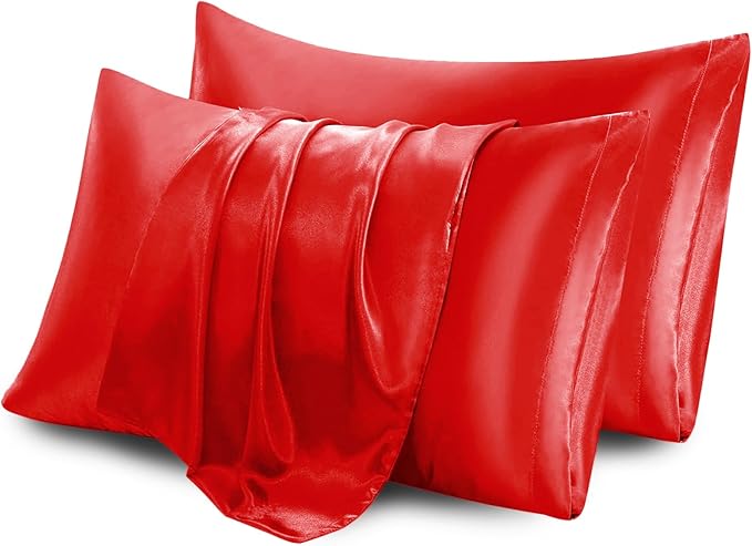 Aormenzy Satin Pillow Cases for Women Standard Size Set of 2, Red Satin Pillowcase for Hair with Envelope Closure Silky Pillow Covers Wrinkle, Fade Resistant (20x26 Inches)