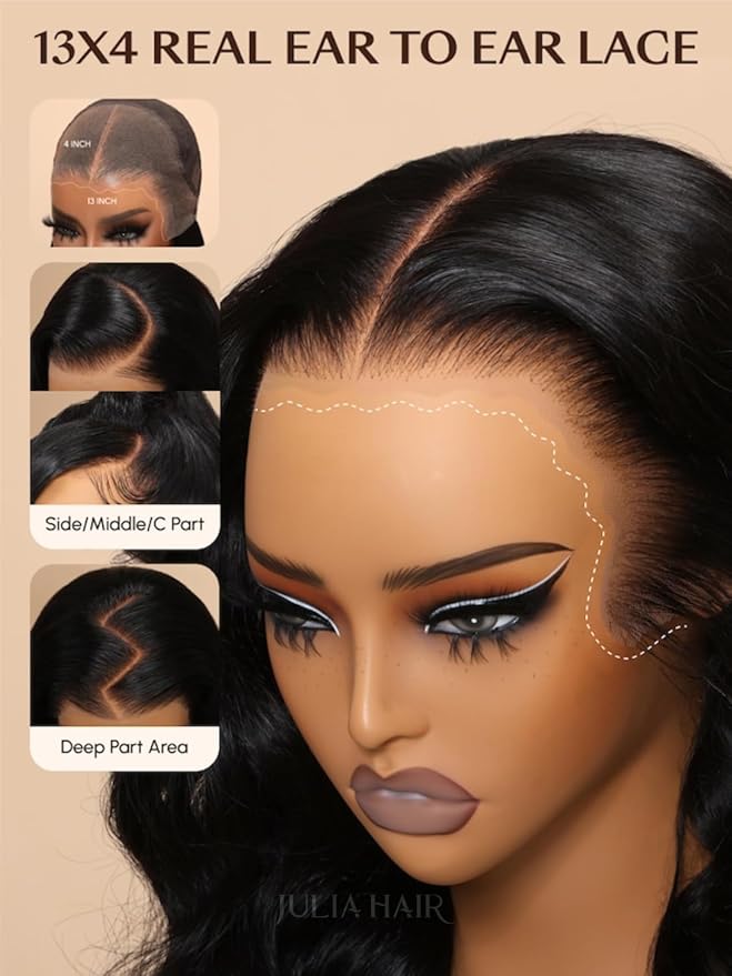 Julia Hair Body Wave Glueless 13x4 Lace Front Wigs Human Hair 12A Pre Cut Lace Frontal Wig Pre Bleached Bye Bye Knots Pre Everything Put on and Go 180% Density Fast Wear Wigs Natural Color 16 Inch
