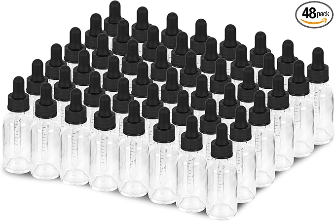 1 oz Dropper Bottle 48 Pack Clear Glass Boston Bottles 30ml with Eye Droppers Black Caps for Essential Oils, Perfume, Leak Proof Travel Bottles for Liquids
