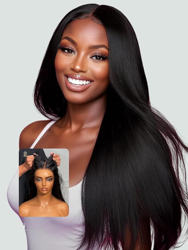 YIROO No Slip 7x5 Bye Bye Knots Yaki Straight Lace Front Glueless Drawstring Wig Human Hair with Deep Stretch Cap Fits All Head Sizes,Pre-Plucked Pre-Cut Wear and Go Wig for Women 150% Density 24Inch