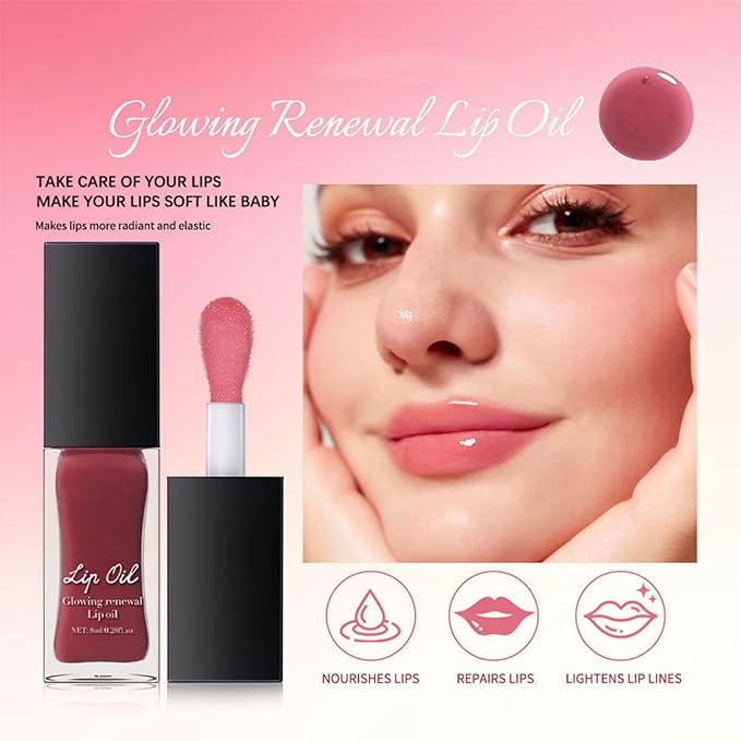 MAEPEOR Glowing Lip Oil 7 Colors Hydrating Lip Balm Nourishing Lip Care Lip Treatment Glossy Finish Non-sticky Moisturizing Lip Balm (06 Red)