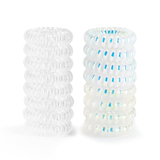16Pcs Spiral Hair Ties, (Laser&Clear White) Hair Elastic Coils for Women and Girls, Waterproof Phone Cord Hair Scrunchies Accessories Bands for Ponytails and Updos