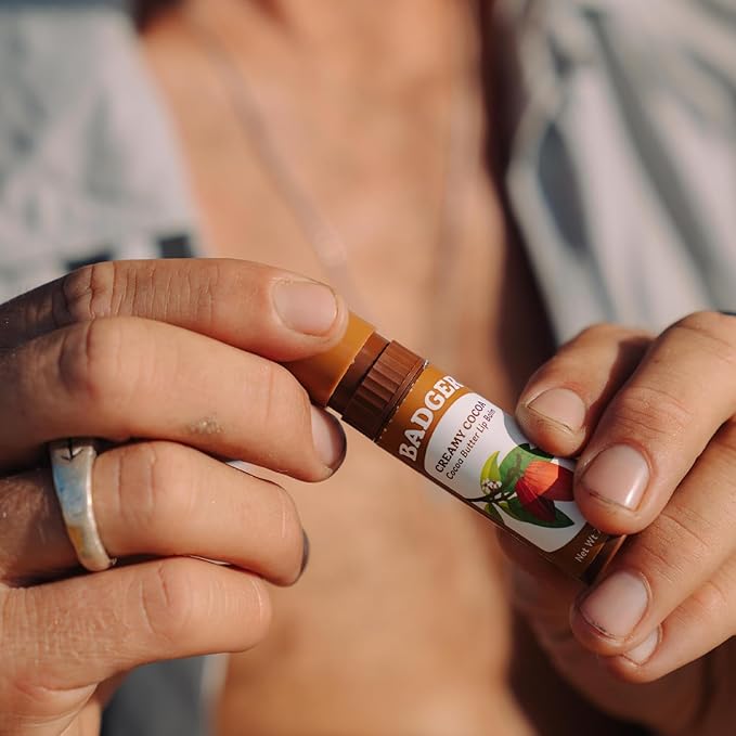 Badger Cocoa Butter Lip Balm, Creamy Cocoa, Certified Organic Lip Balm, Fair Trade, Lip Butter, Lip Balm Cocoa Butter, Care Lip Balm, 0.25 oz (4 Pack)