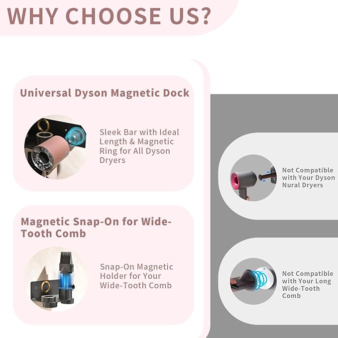 Dyson Hair Dryer Holder, Hair Dryer Wall Mount Hanger for Supersonic Nural, 5 Attachments Magnetic Aluminum Anti-Scratch Dyson Blow Dryer Holder with Cord Hook, No-Drill/Screw Installation UEMUSI