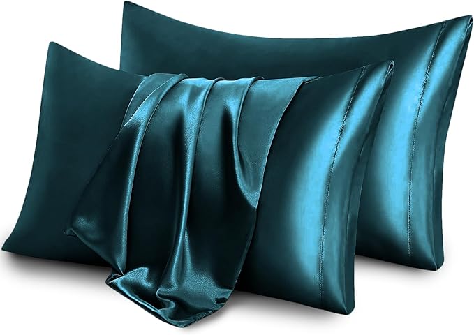 Aormenzy Satin Pillow Cases for Women Queen Size Set of 2, Dark Teal Satin Pillowcase for Hair with Envelope Closure Silky Pillow Covers Wrinkle, Fade Resistant (20x30 Inches)