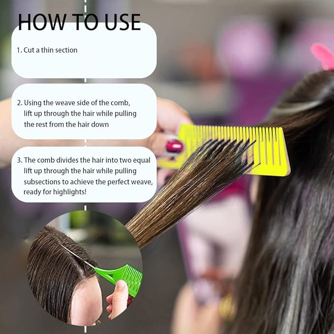 SKYPIA Hair Comb Set, 3 Piece Professional Dyeing Hair Comb Set Highlight Combs for Hair Stylist Weaving Styling Brush Set with Long Stainless Steel Rat Tail Stylist Combs for Hair (Yellow & Green)