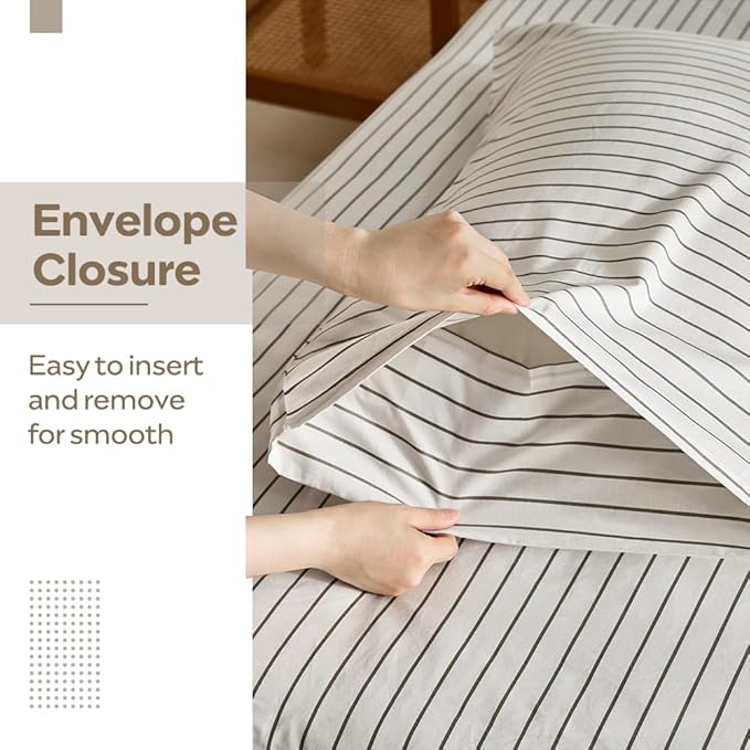 JELLYMONI 100% Natural Cotton Striped King Pillowcases Set, 2 Pack White with Thin Gray Vertical Stripes Pattern Printed Pillow Covers with Envelope Closure (Pillows are not Included)