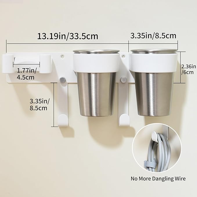 Hot Tools Organizer, Hair Tool Organizer Wall Mount Aluminum Alloy, Space-Saving Curling Iron Holder for Vanity & Bathroom with Stainless Steel Cups White