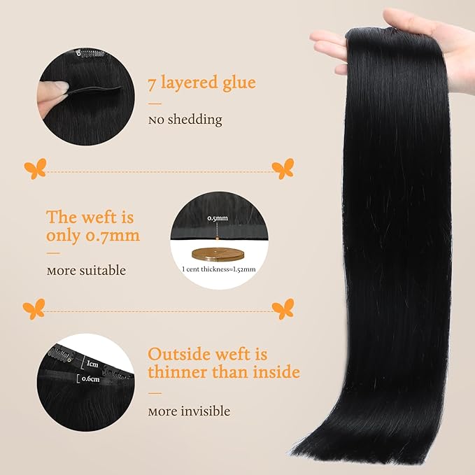 DOORES Clip in Hair Extensions Real Human Hair, Jet Black 150g 7pcs 20 Inch Invisible Edge Clip in Extensions Long Straight Weft for Women