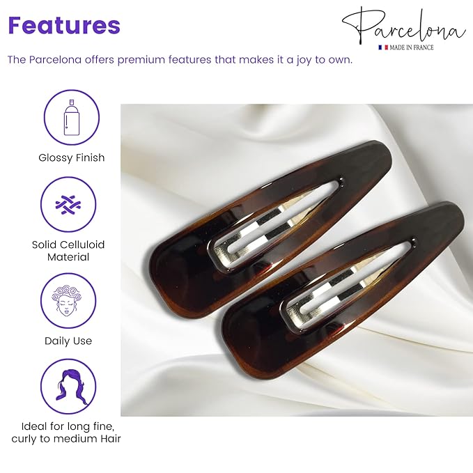Parcelona French Clic Clac 3 1/4" Tortoise Shell Brown Celluloid No Slip Grip Snap Hair Clips for Women