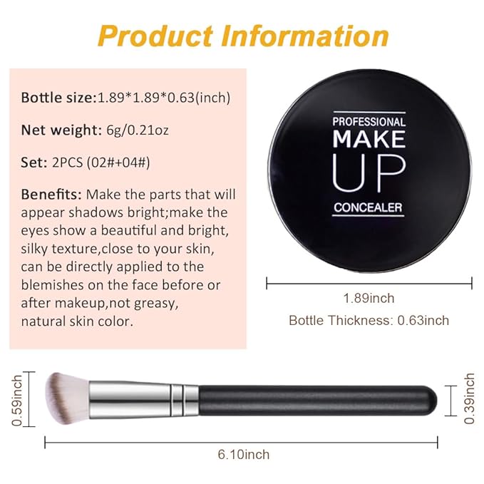 Kaely 2Pcs Pot Concealer Full Coverage Set,under Eye Brightener Concealer for Conceals Dark Circles,Waterproof Foundation Face Makeup Brush Kit,Color Correcting Concealer,02+04