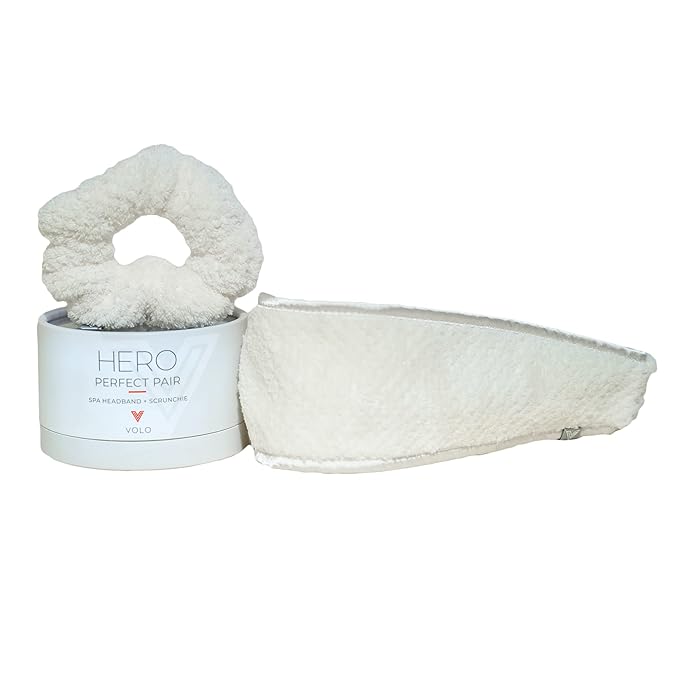 VOLO Salt White Spa Headband & Scrunchie Set for Women | Towel Hair Accessories for Makeup, Washing Face, Self Care & Skin Care | Ultra Soft, Absorbent & Stretchy | Perfect Pair Bundle | Microfiber