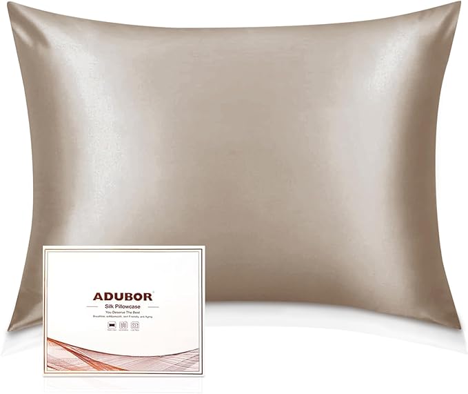 Adubor Silk Pillowcase for Hair and Skin with Hidden Zipper, Both Sides 23 Momme Silk Pillow Case, Queen Size 20×30 inches, Taupe, 2PCS