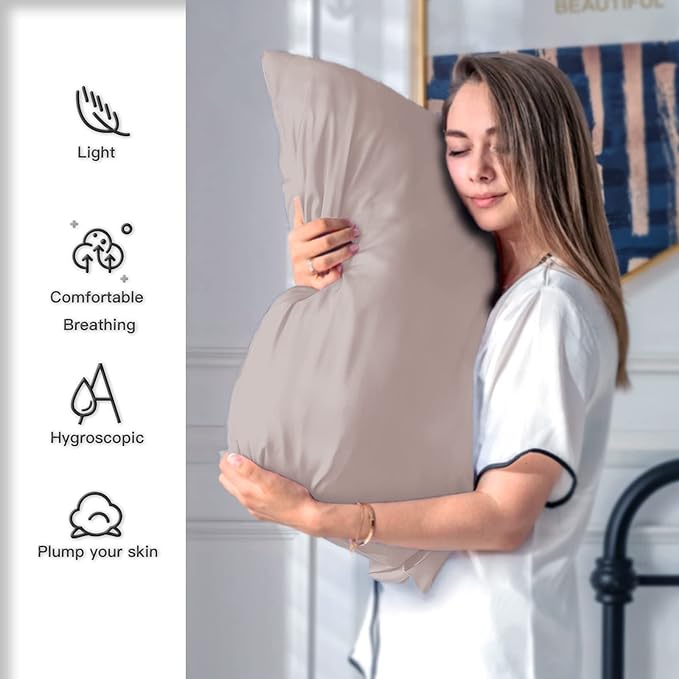 Mulberry Silk Pillowcase for Hair and Skin Pillow Case with Hidden Zipper Soft Breathable Smooth Cooling Silk Pillow Covers for Sleeping (Apricot Gray, King（20"X 36"）)