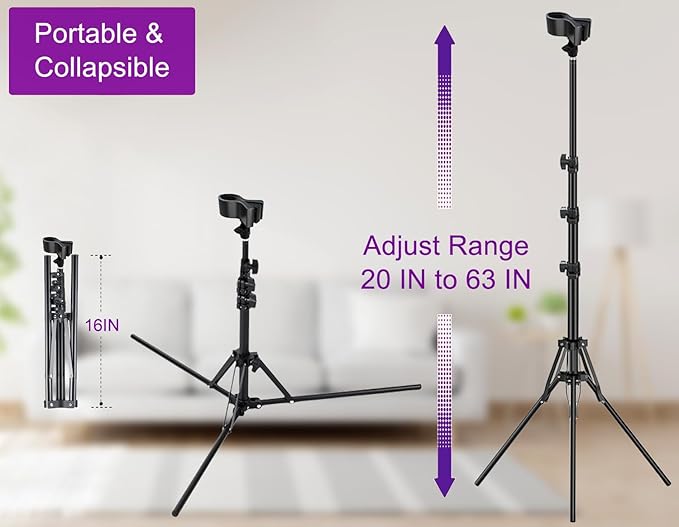 Purple River Hair Dryer Stand Black 20-63 Inch Adjustable Blow Dryer Holder with Tripod and Universal Clip, Easy to Use, Hands Free Relieve Wrist Pain, Shoulder Periarthritis etc