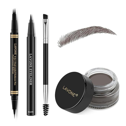 Eyebrow Makeup Kit - 4 Tip Waterproof Microblading Pencil, Eyeliner, Pomade, Dual-ended Brush - Natural Looking - Ebony