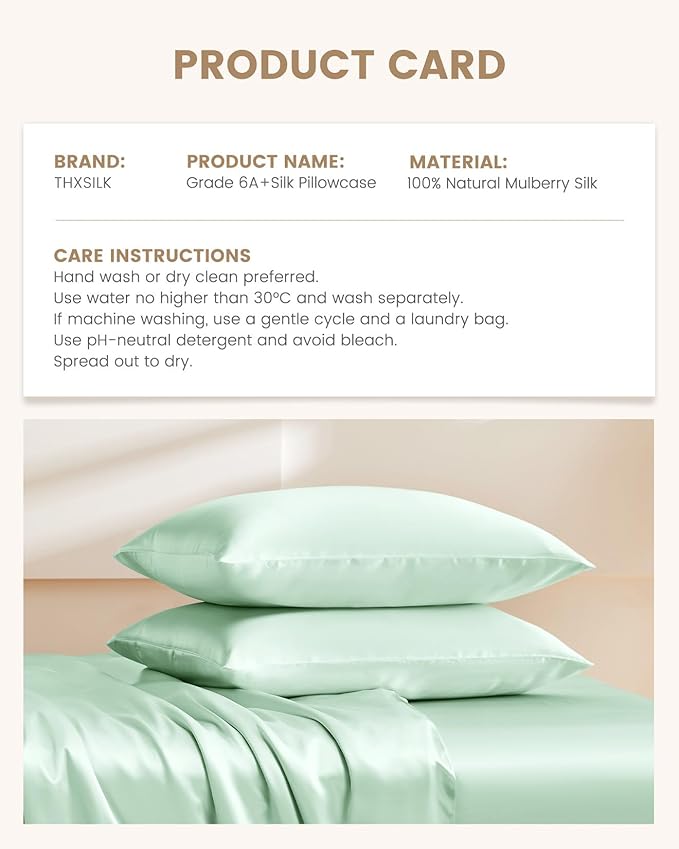 THXSILK Set of 2 100% Mulberry Silk Pillowcase for Hair and Skin, Grade 6A+ Mulberry Silk Pillow Cases Ultra-Soft, Hypoallergenic Pillow Case Cover with Zipper (Queen 20"x30", Turquoise Green)