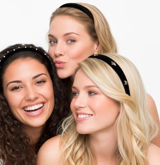 Huachi Black Headbands for Women Velvet, Wide Padded Headband for Girls Non Slip, Trendy Headbands for Women’s Hair, Fashion Hair Accessories 3PCS