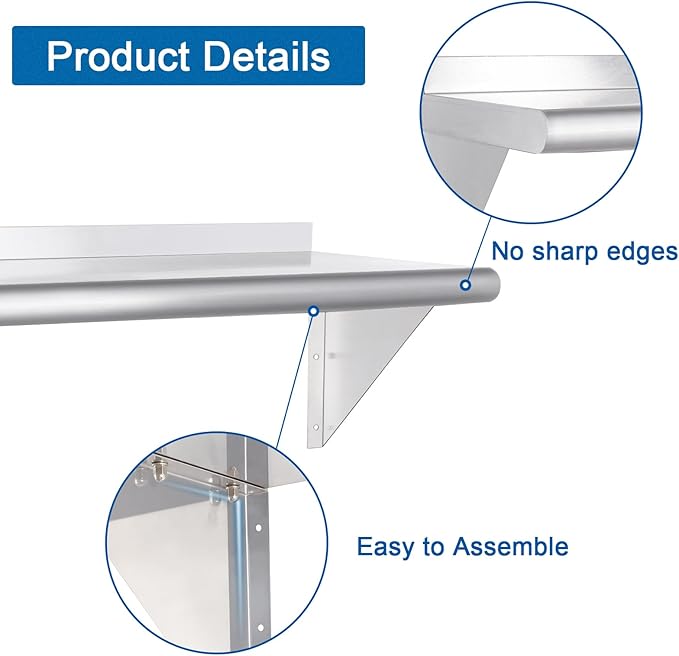 HARDURA Stainless Steel Shelf 18" x 72", 480lb Commercial Shelves Wall Mount Metal Shelving with Backsplash and Brackets for Kitchen, Restaurant, Laundry Room and Home