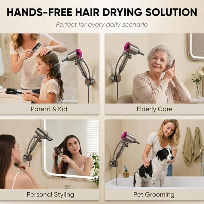 Hands Free Hair Dryer Holder, Suction Cup Wall Mount Blow Dryer Holder Stand with Flexible Adjustable Neck, 360° Rotation, Quick Install on Smooth Surfaces - for Bathroom Organization, Apartments & Dorms