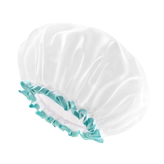 mikimini White Shower Cap for Long Hair 1 Pack, 12 inch large size,Waterproof Washable Hair Caps for Women and Girls, Super Cute and Extra Large