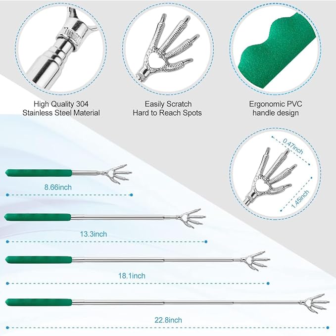 4PCS Different Back Scratcher Metal Portable Telescoping Back scratchers with Rubber Handles, Extendable Back Massager Tool, Great Gift for Men Women Kids Adults(Green)