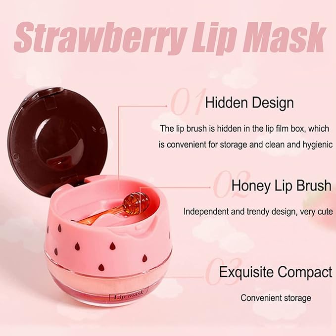 Strawberry Lip Sleeping Mask,Plumping Lip Hydrating Bee Lip Balm Honey Pot Propolis Moisturizing Lip Balm With Stick,Lip Exfoliating Bee Lip Balm Sleeping Lip Mask