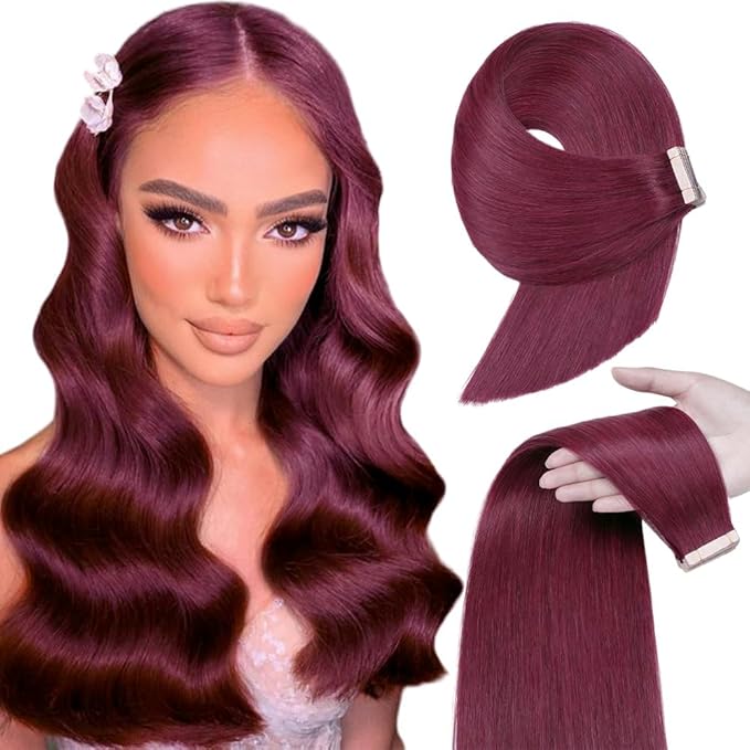 Human Hair Tape in Extensions, Burgundy Extensions Real Human Hair 20 Inch 20pcs Remy Straight Tape ins Invisible Tape in Hair Extensions Human Hair (99J#,20 Inch)