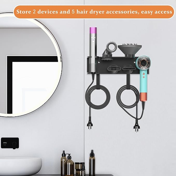 Affogato Hair Dryer Holder Wall Mount Compatible with Dyson Supersonic HD16 Airwrap Straightener, 2 in 1 Airstrait Organizer Stand, Metal Blow Dryer Attachments Storage Rack for Bathroom and Salon